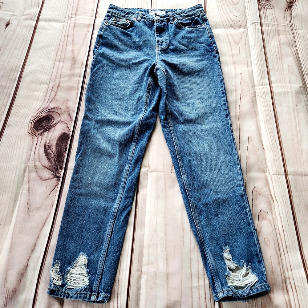 Topshop "Mom" Distressed Hem High Rise Straight Leg Blue Jeans | Women's Size 28 - Picture 6 of 14